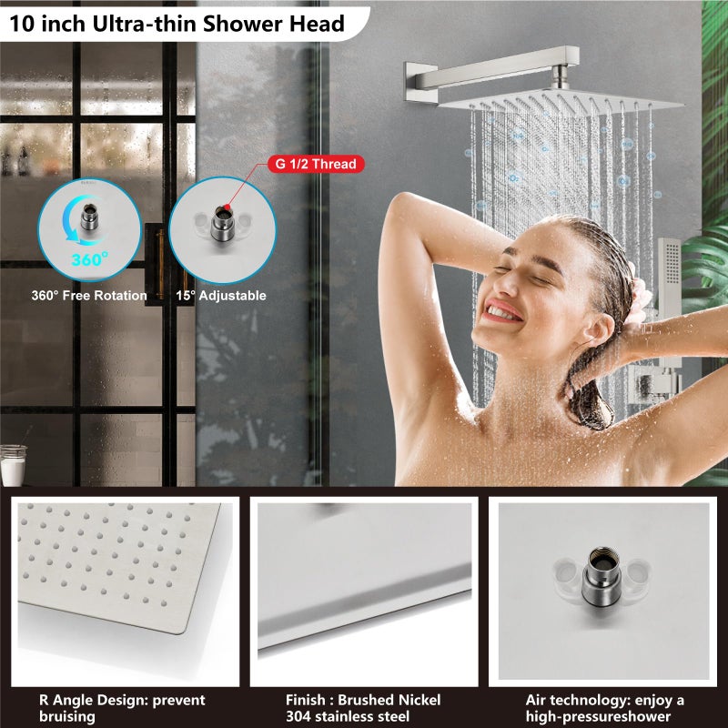 Midanya Shower Faucet Set,Wall Mount Shower System with Square Rain Shower Head and Hand Sprayer, Rough-in Valve Body and Trim Kit Included,10 Inch,Brushed Nickel - Image 3